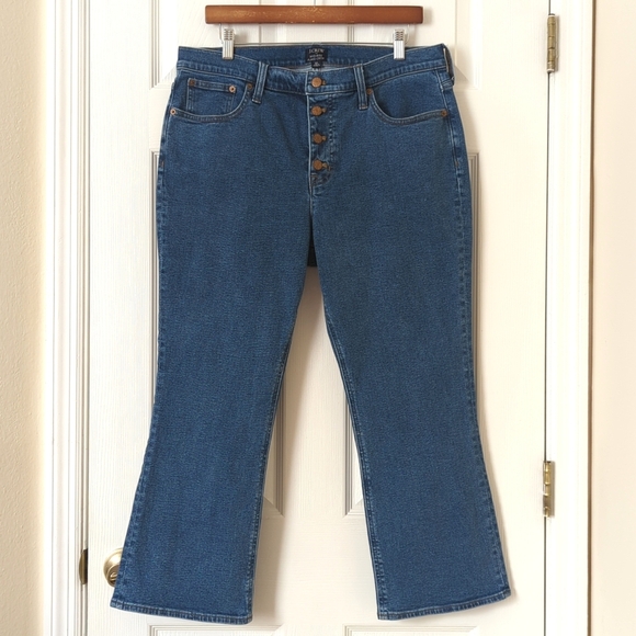 J. Crew Classic Medium Wash Mid Rise Button Fly Flared Ankle Cropped Jeans 32 - Picture 1 of 15